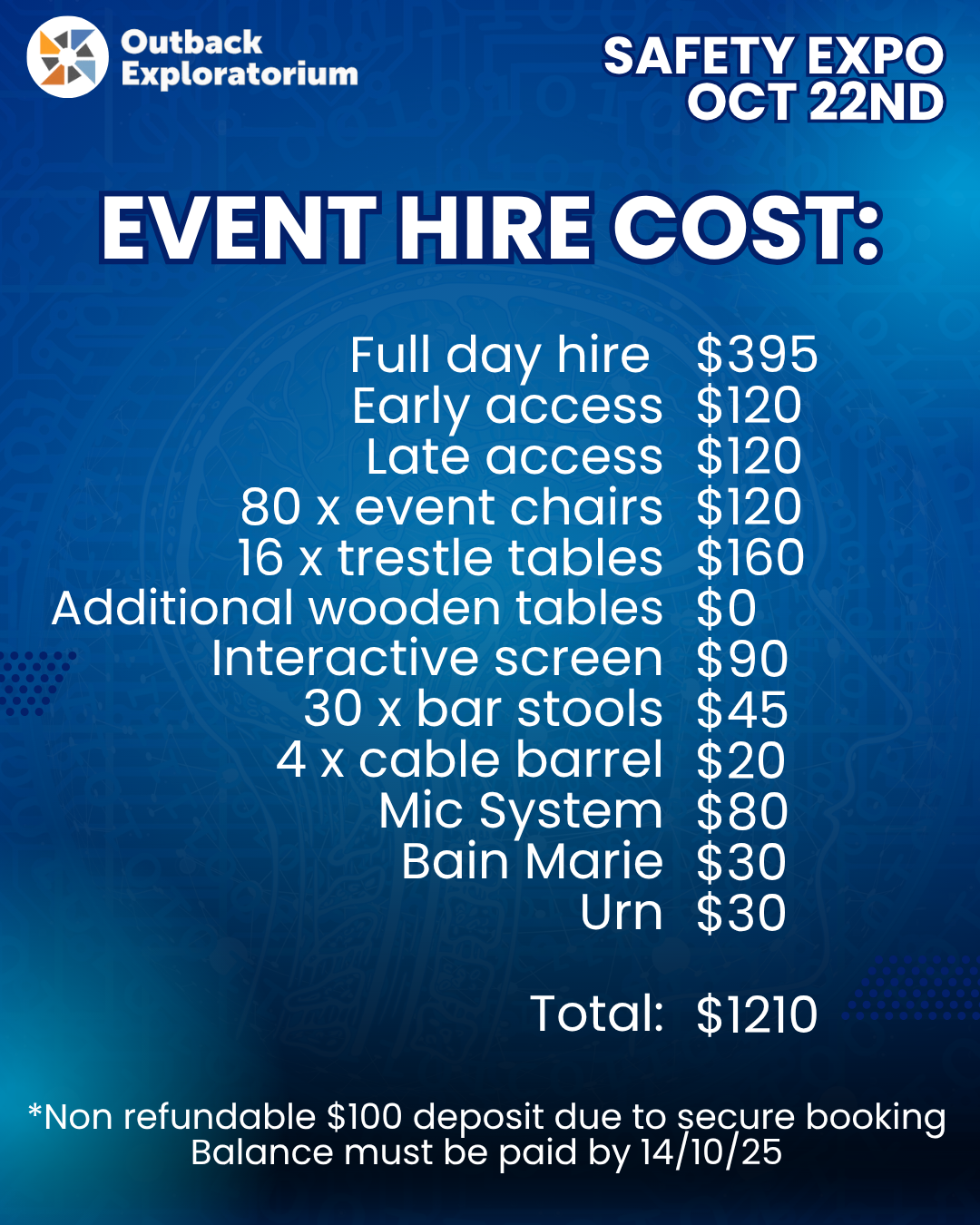 DEPOSIT for Safety Expo - Venue Hire 22/10/25